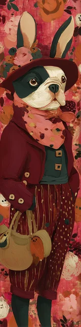 Free dog bookmarks featuring a fancy standing boston terrier with red clothes